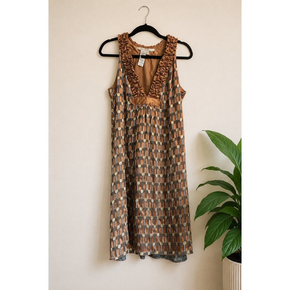 Max Studio Silk Blend Geometric Babydoll Mini Dress L Sleeveless Ruffle Boho